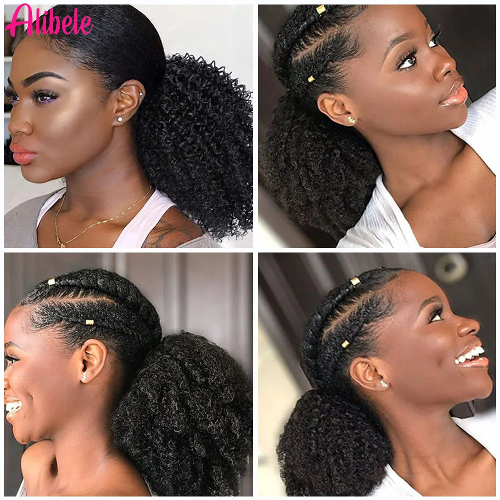 Alibele Afro Kinky Curly Wrap Around Ponytail Human Hair Extension Short Ponytail Clip in Hairpiece 4B 4C Remy Curly For Woman