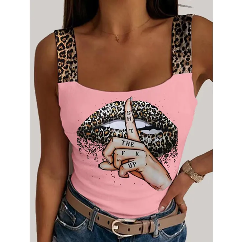 half camisole Women's Leopard Lips Print Tank Tops Sexy Sleeveless Crop Tops Party Club Streetwear 2022 Summer Lady Bustier Tops Drop Shipping camisole