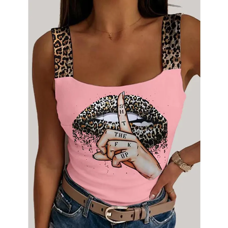 half camisole Women's Leopard Lips Print Tank Tops Sexy Sleeveless Crop Tops Party Club Streetwear 2022 Summer Lady Bustier Tops Drop Shipping camisole Tanks & Camis