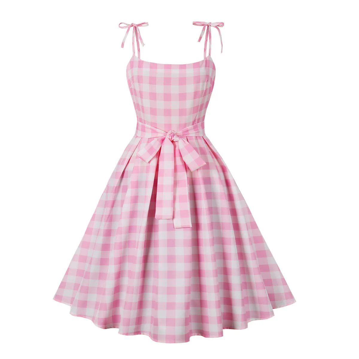 

Women Vintage Barbiee Pink Plaid Dress Retro Rockabilly Bowtie Suspenders Cocktail Party 1950s 40s Swing Dress Summer Dress