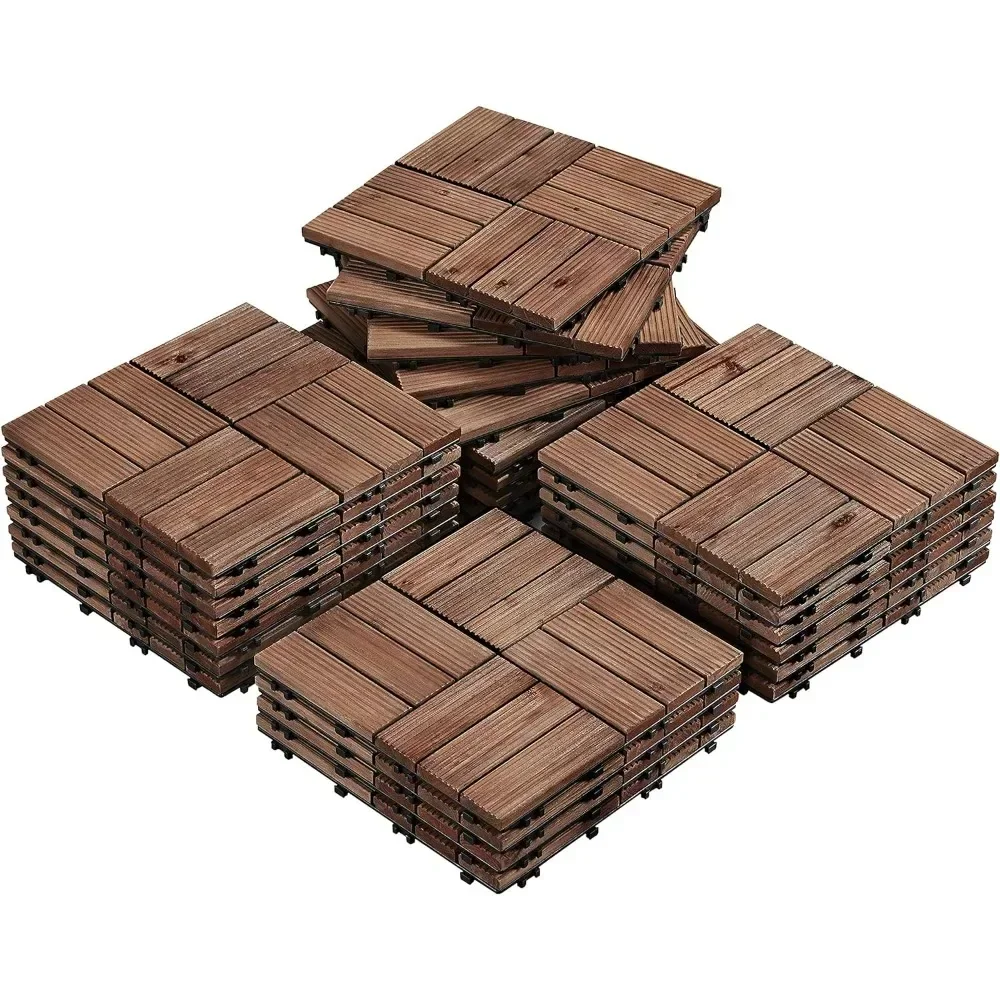 27PCS Wooden Decking Tiles 12 x 12in Hardwood Interlocking Patio Deck Tiles Composite Floor Covering for Platform Patio Garden