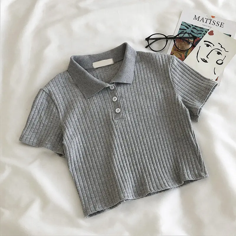 Women Knit School Polo Neck Cropped Shirt Summer Short Sleeve