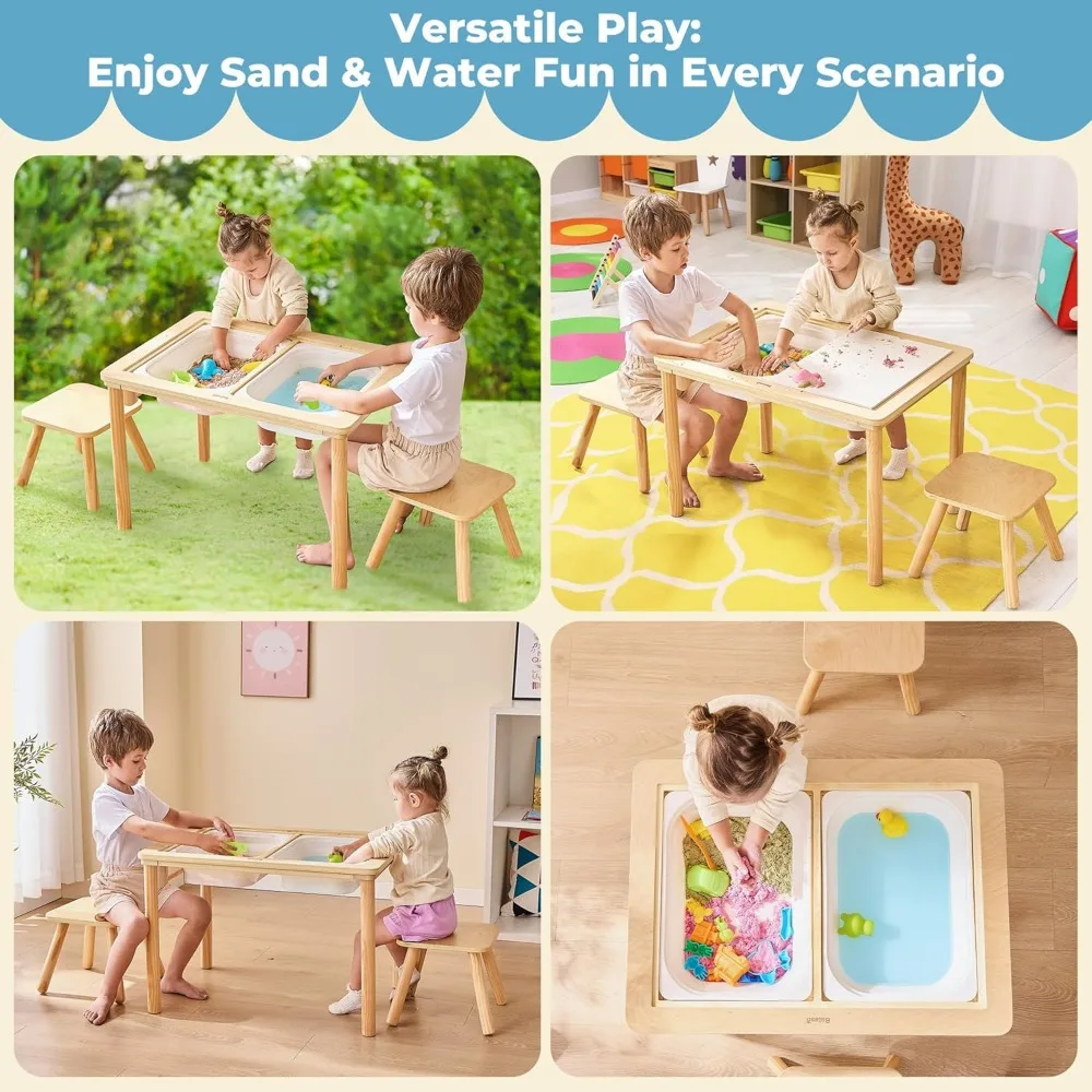 Multifunctional Sensory Table with 2 Chairs & Paper Roll, Wooden Sand and Water Activity Table with  Foldable Storage Bins 6
