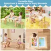 Multifunctional Sensory Table with 2 Chairs & Paper Roll, Wooden Sand and Water Activity Table with  Foldable Storage Bins 6
