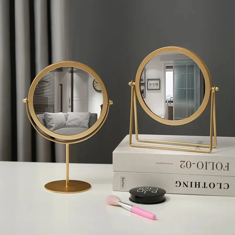 Makeup Mirror Light luxury retro European metal gold home desktop desktop square round mirror mirror dormitory makeup