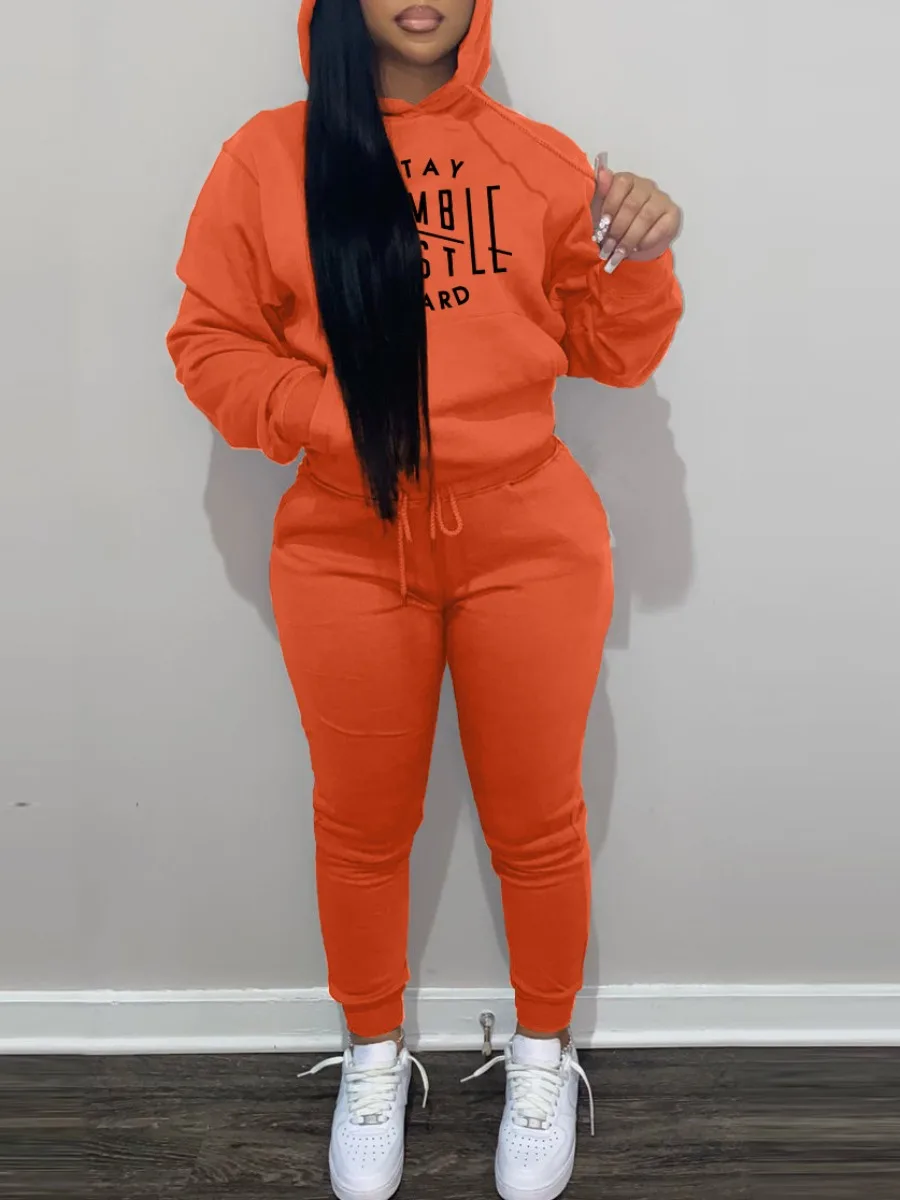 LW Hooded Collar Kangaroo Pocket Tracksuit Set Womens Two Piece Tracksuit Outfits Hoodies Jogger Sweatsuit Lounge Sets hoodies halloween horror movie graphic pumpkin kangaroo pocket hoodie in orange size l m s xl