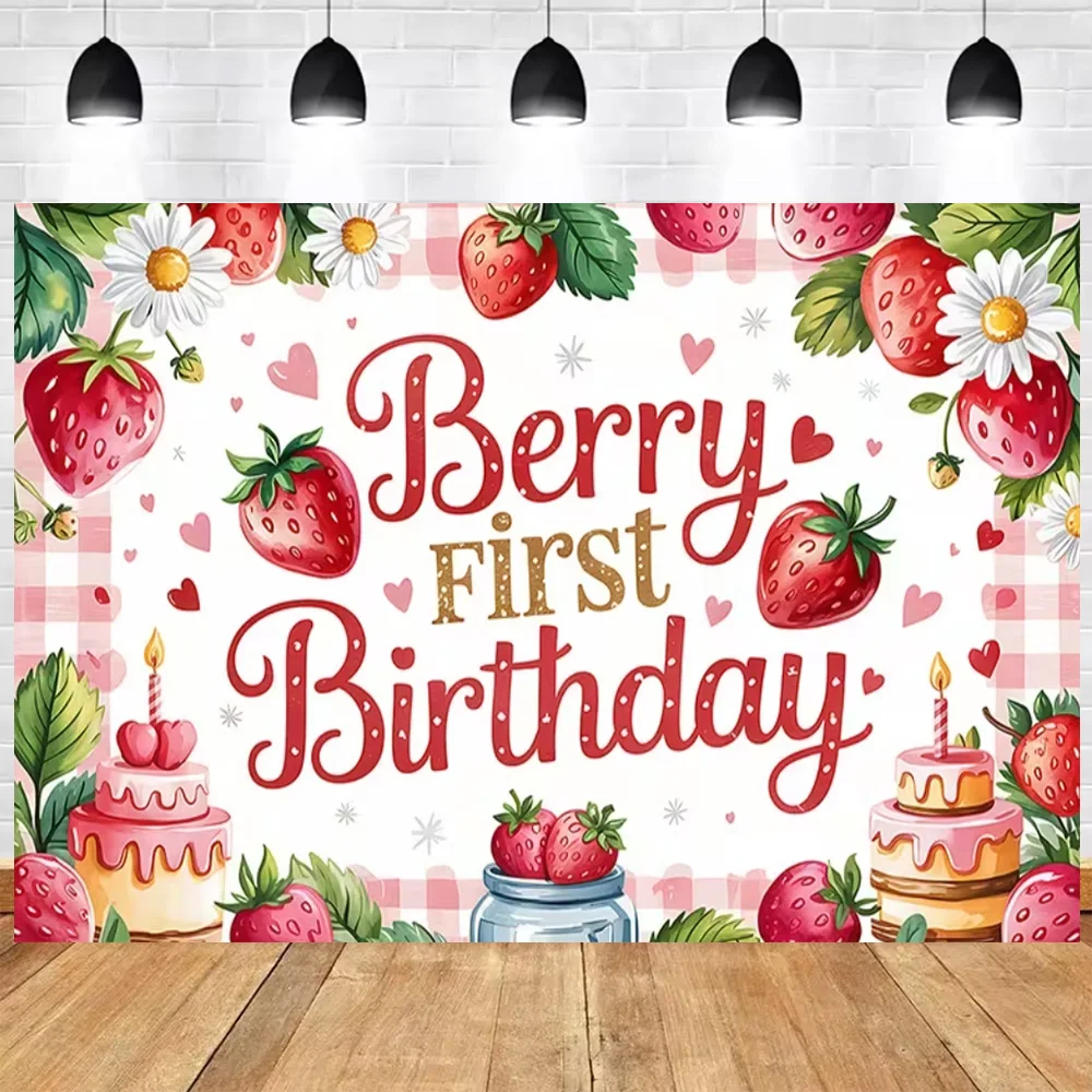 Süße Erdbeere alles Gute zum Geburtstag Party Dekoration Hintergrund rosa Obst Mädchen Geschenke Hintergrund liefert Baby-Dusche Fotografie Prop – Detail 2