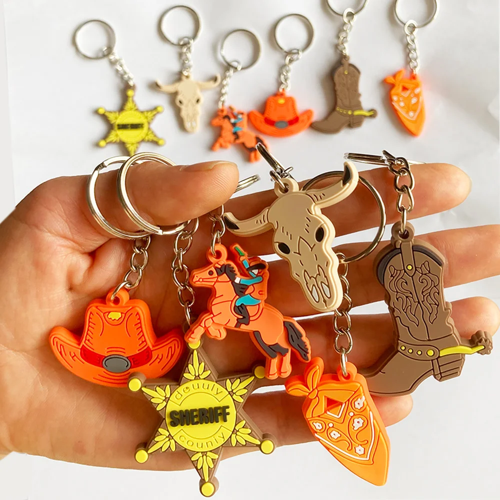

12 Pcs Western Cowboy Keychain Silicone Key Ring Horse Boot Cowboy Hat Keychain Western Themed Party Keychain for Birthday Bags