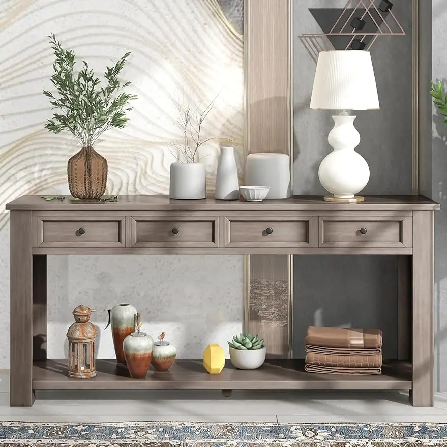 

63 дюймовый консольный стол, стол для прихожей из массива дерева, Диванный стол с 4 ящиками для хранения и нижней полкой, компактный,