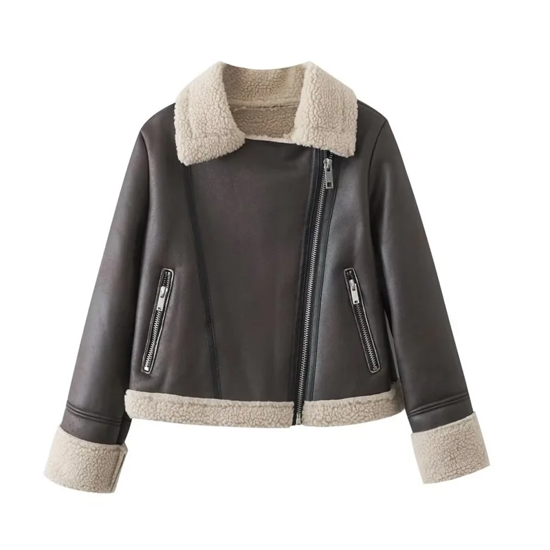 

Зимняя Новинка 2023, женская одежда, короткое Свободное пальто с откидным воротником в мотоциклетном стиле, плюшевая Слитная куртка из овечьей шерсти, утепленная