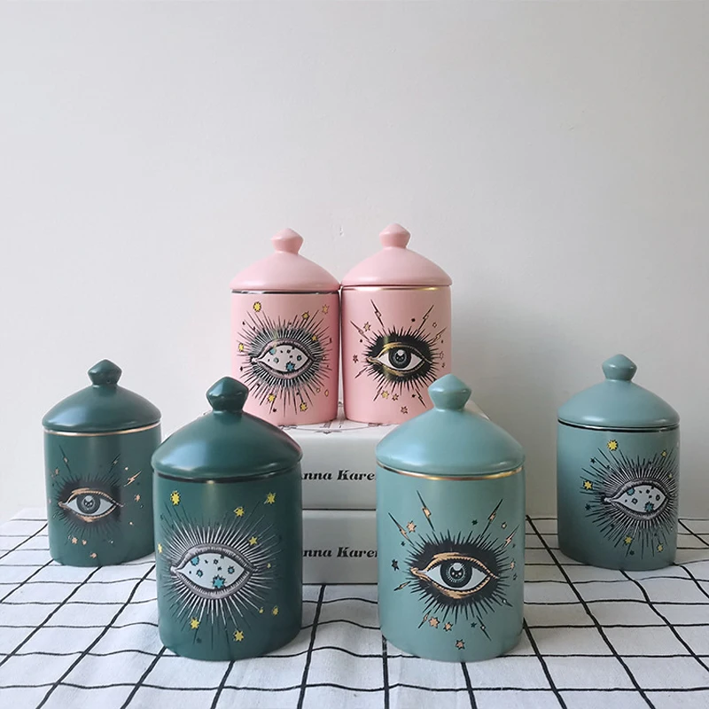 Starry Sky Eye Ceramic Decorative Jars Lids Candle Holder Tarros Para Velas Pot Bougie Vide Verre Keramiek Potje Met Deksel