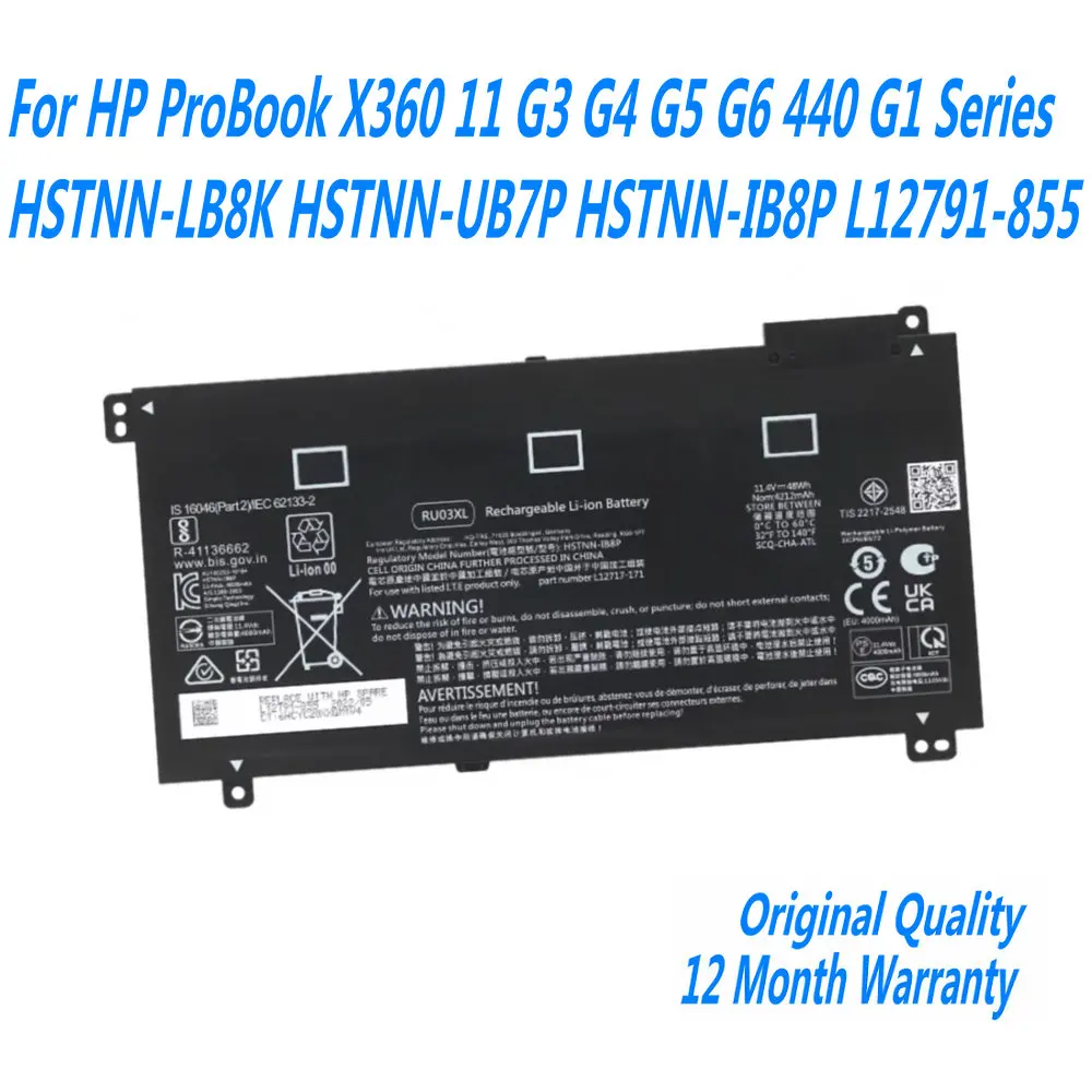 Nuova Batteria Per Laptop Da 48Wh Ru03Xl Per Hp Probook X360 11 G3 G4 G5 G6 440 Serie G1 Hstnn-Lb8K Hstnn-Ub7P Hstnn-Ib8P L12791-855