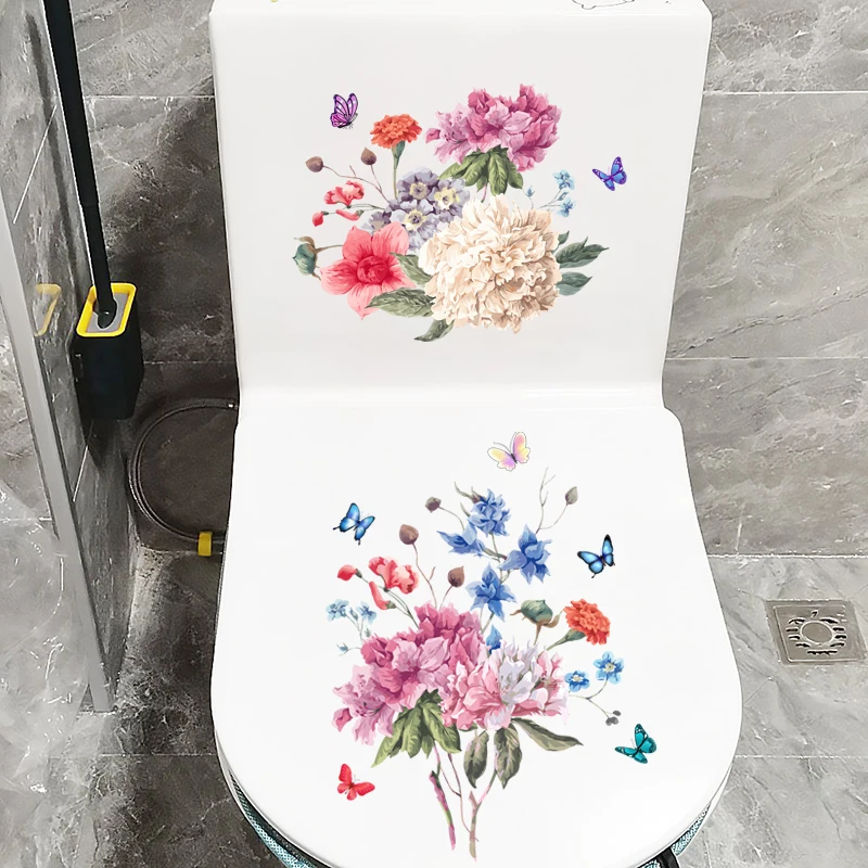 M484 Color Butterfly Peony Flower Toilet Sticker Bathroom Toilet Cover Wall Stickers Wc For Home Decoration