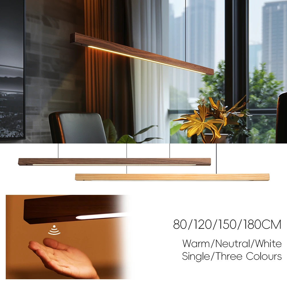 Wood Pendant Lights LED Hand Sweep Smart Sensor Pendant Lights LED Hand Scan Hanging Lamps For Kitchen Island Dining Living Room