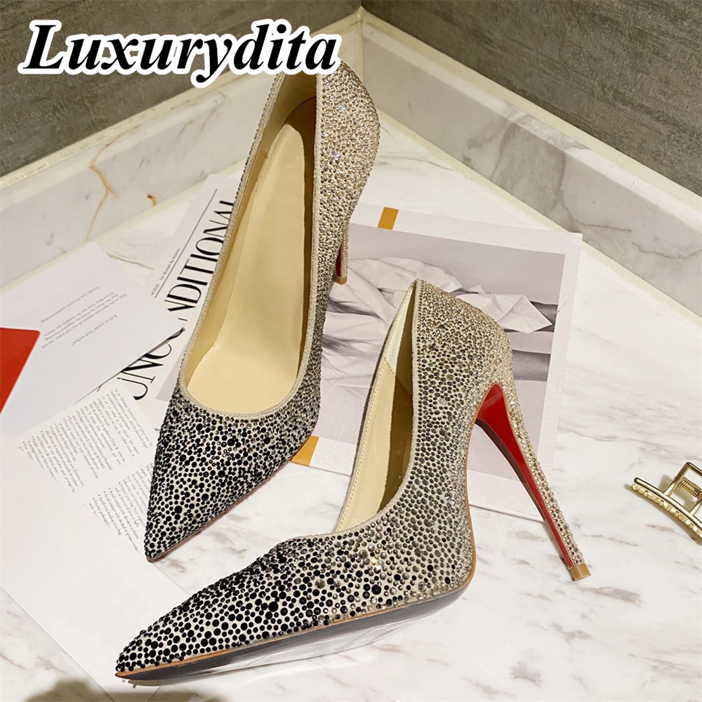 

LUXURYDITA Womens Sandals Luxury Inset Crystal High Heels Designer Customized Red heel Socialite Dinner Ceremony Shoes H1345