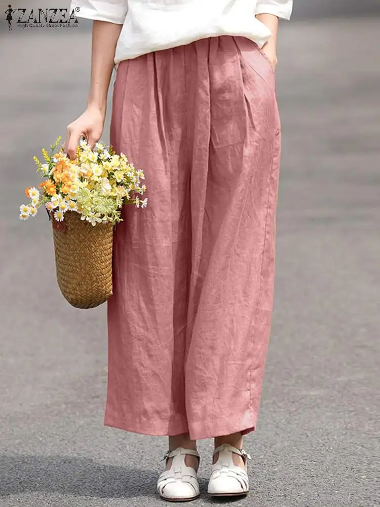 

ZANZEA Vintage Solid Long Pant Casual Wide Leg Pants Woman Elegant Elastic Waist Trousers Female Fashion Holiday Pantalon 2023