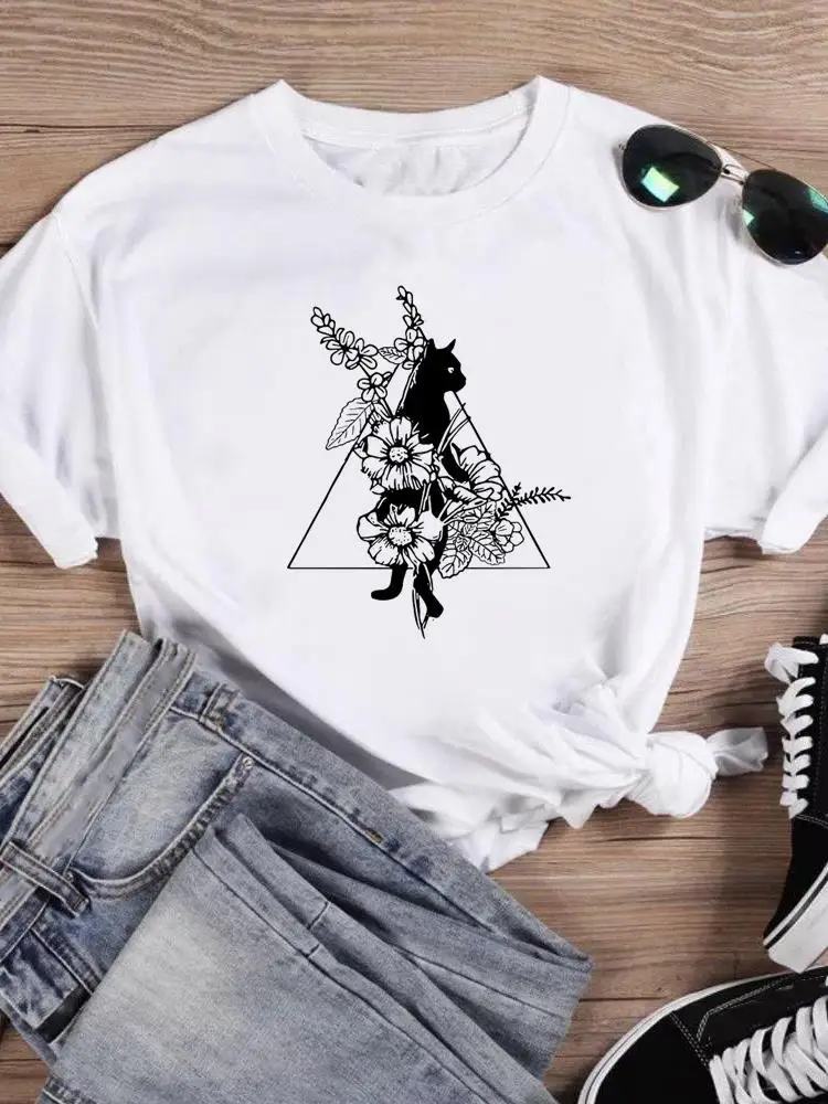 

Футболка женская летняя с коротким рукавом и принтом, Повседневная модная одежда с графическим принтом цветов и кошек