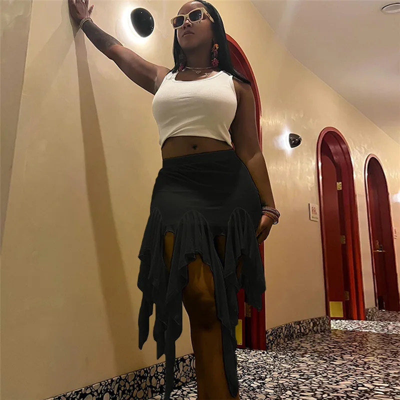 

Women Sexy High Waist Slim Bodycon Club Party Matching Bottoms Fashion Casual Skirt Solid Ruffles Tassel Mesh Mini Skirts