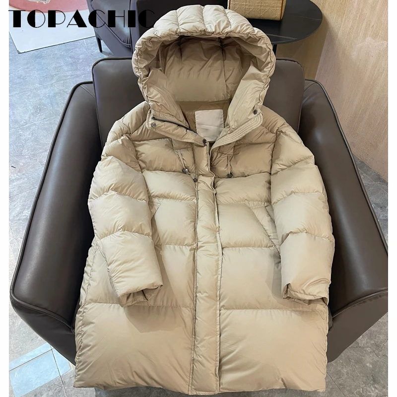 

11.23 TOPACHIC Women's Solid Color Hooed Zipper Windproof Keep Warm Loose Midi Down Coat