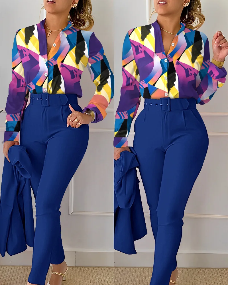 Conjunto de camisa y pantalones de manga larga para mujer, conjunto de 2  piezas con estampado a la moda, pantalones elegantes de cintura alta,  blusas femeninas de oficina, Top - AliExpress