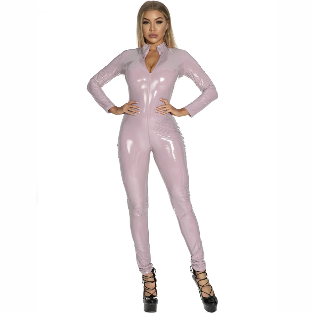

Long Sleeve Bodysuit For Women's Cosplay PVC Shiny Tights Two Way Zipper Open Crotch Sexy Jumpsuits Conjoined Leotard Unitard