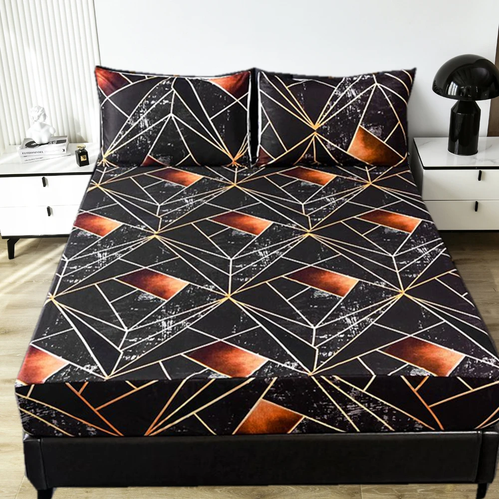 Black Marbling Fitted Sheets Set Twin Full Queen White Grid Bed Sheets