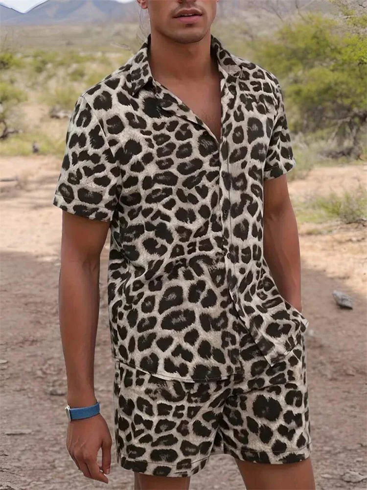 Summer Men's Short Sleeve Shirt And Beach Shorts Set Outdoor Street Men's Fashion Shorts Leopard Print Men's Short Sleeve Shirt 2