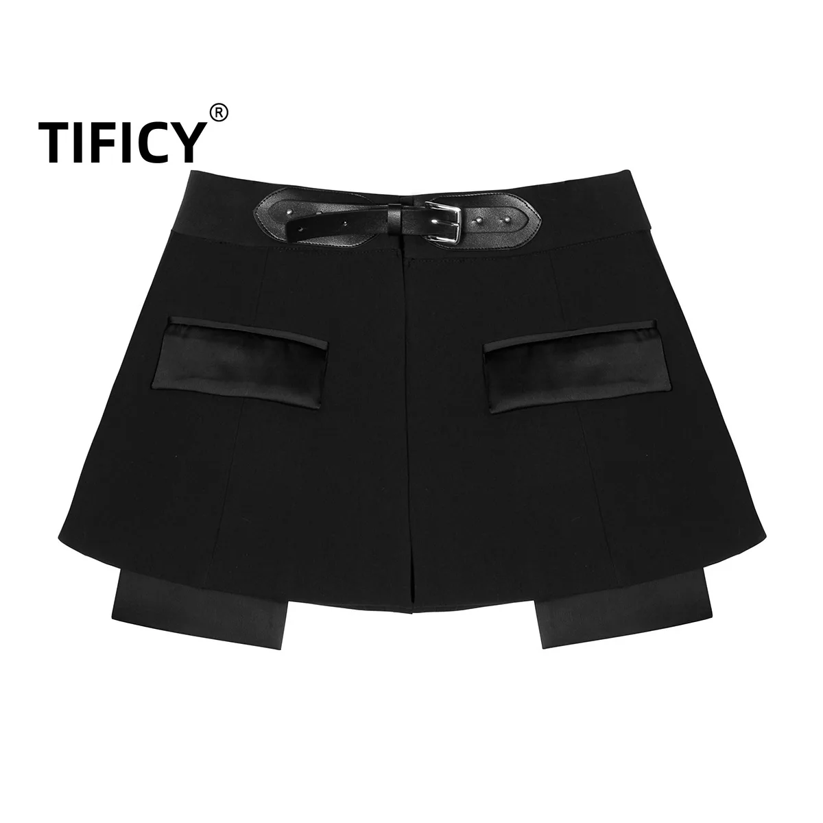 Tificy Leather Belt Short Skirt Waist Cover+with Drop Feel Wide Leg Pants Women's Two Piece Set  Black