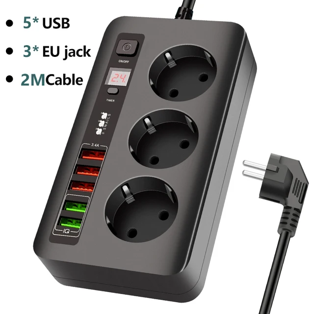 2500W Power Strip Timer Surge Protector with 3 Outlets and 5USB Fast
