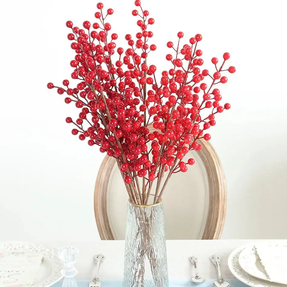 Künstlicher roter Beerenstrauß, Weihnachtsdekoration, künstliche Blume für Heimdekoration, Weihnachtsbaum, Navidad, Neujahr 2024, Ornamente, Zubehör – Detail 2