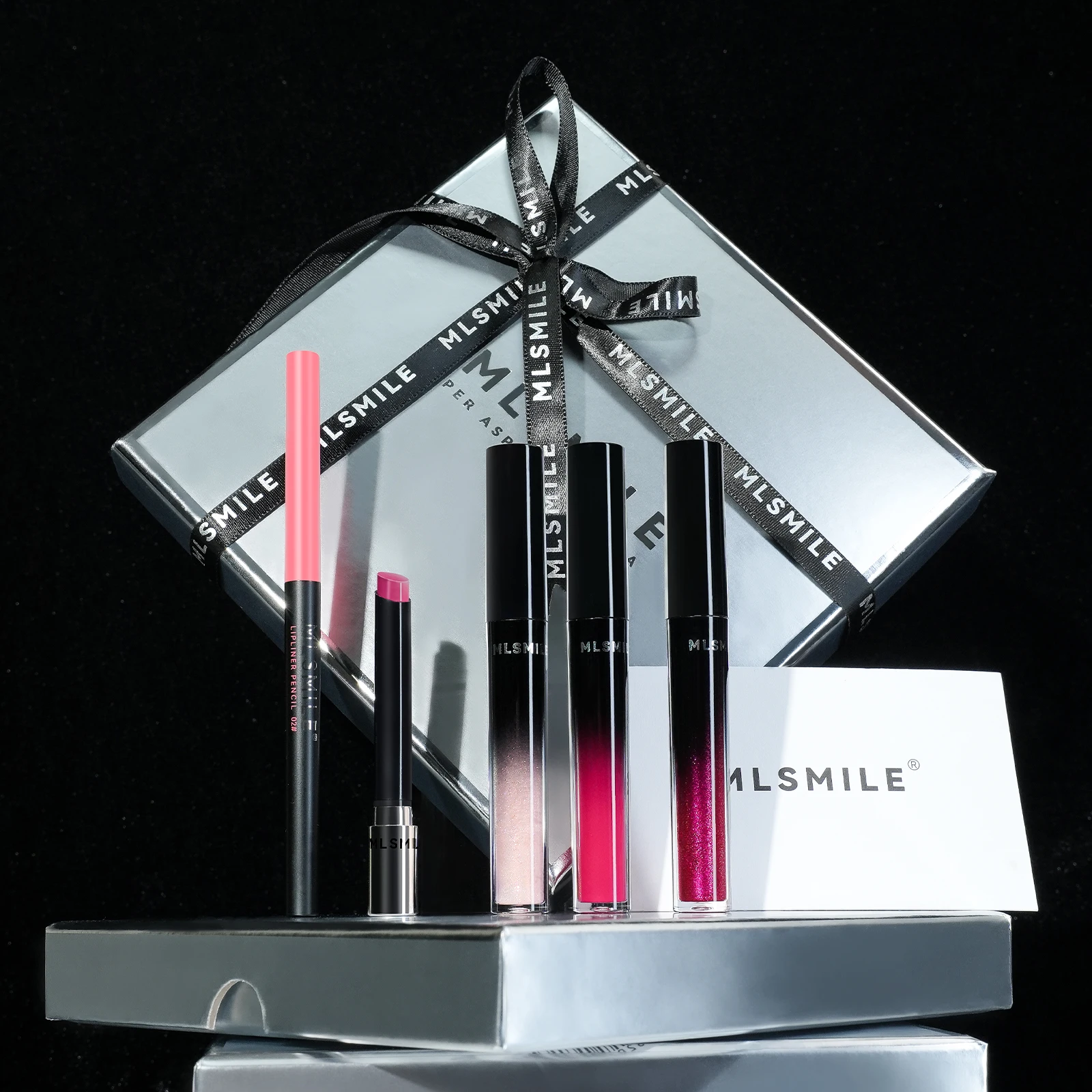 MLSMILE silver premium lip glaze gift set non-stick lip glaze lipstick liner 5pcs moisturizing natural waterproof enhance