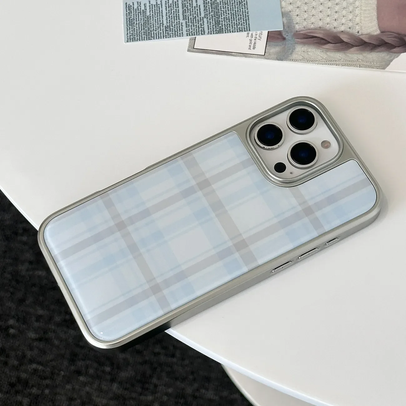 Temperament Blue Grid Electroplating Drip Glue Phone Case - Stylish Y2K Cover with Enhanced Protection