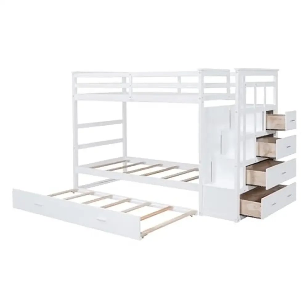 Solid Wood Twin Over Twin Bunk Bed with Stairs Trundle and Storage Drawers Safe Rails and Sturdy Climbing White Finish Size