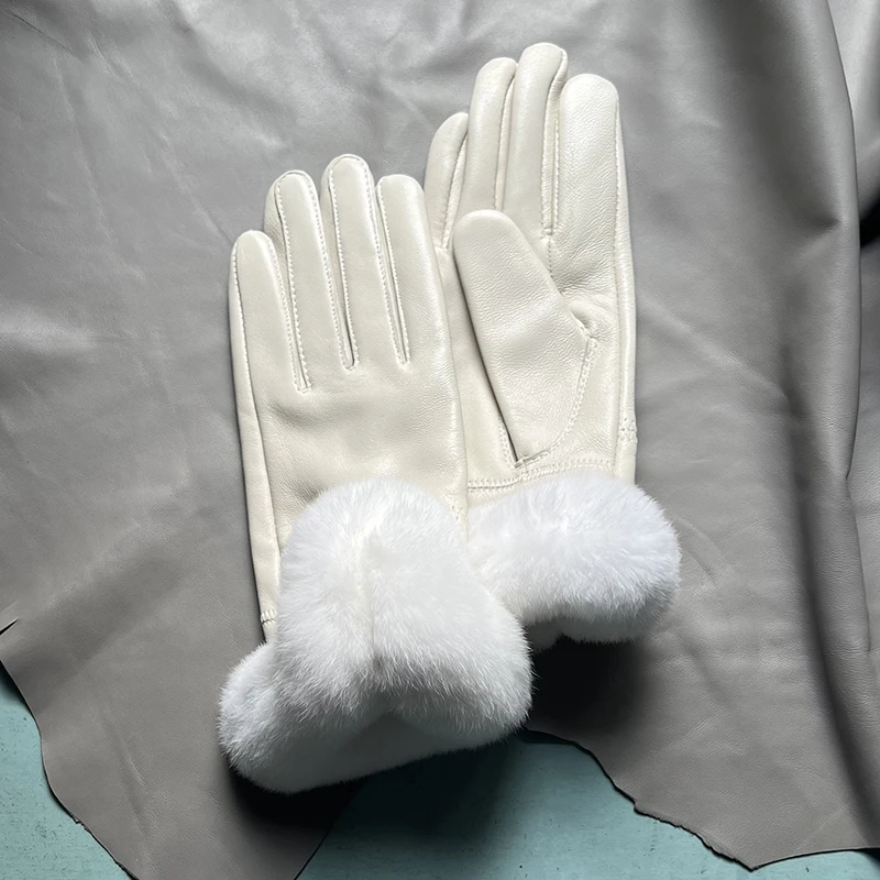 Autumn winter women's genuine leather gloves 100% real rex rabbit fur genuine sheepskin mittens black red blue pink