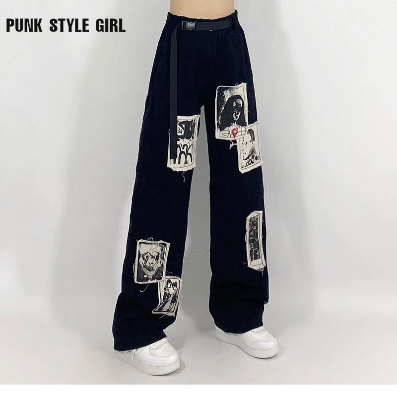 Goth Grunge Black Emo Jeans Egirl Hip Hop Streetwear Punk Patchwork Print Pants Oversize Wide Leg Trousers 90s Cyber Baggy Jeans paige jeans