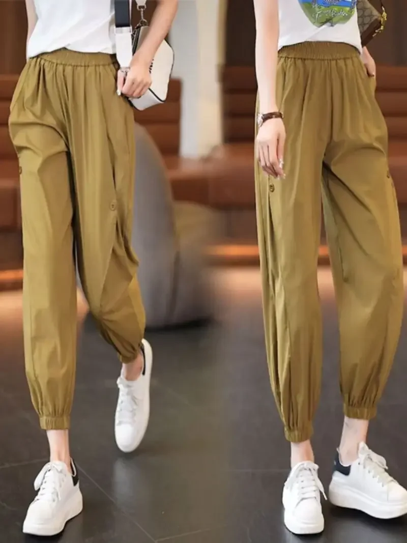 2023 Fashion New Pants Women Summer Thin Loose Solid Color Versatile Large Casual Elasticity Waist Straight Leg Lantern Trousers