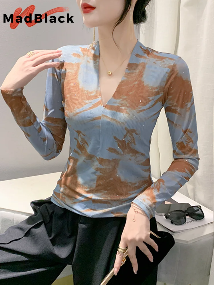 

MadBlack European Clothes Tshirts Women Sexy V Necks Print Slim Mesh Top Long Sleeve Bottoming Tees Autumn Spring New T39774JM