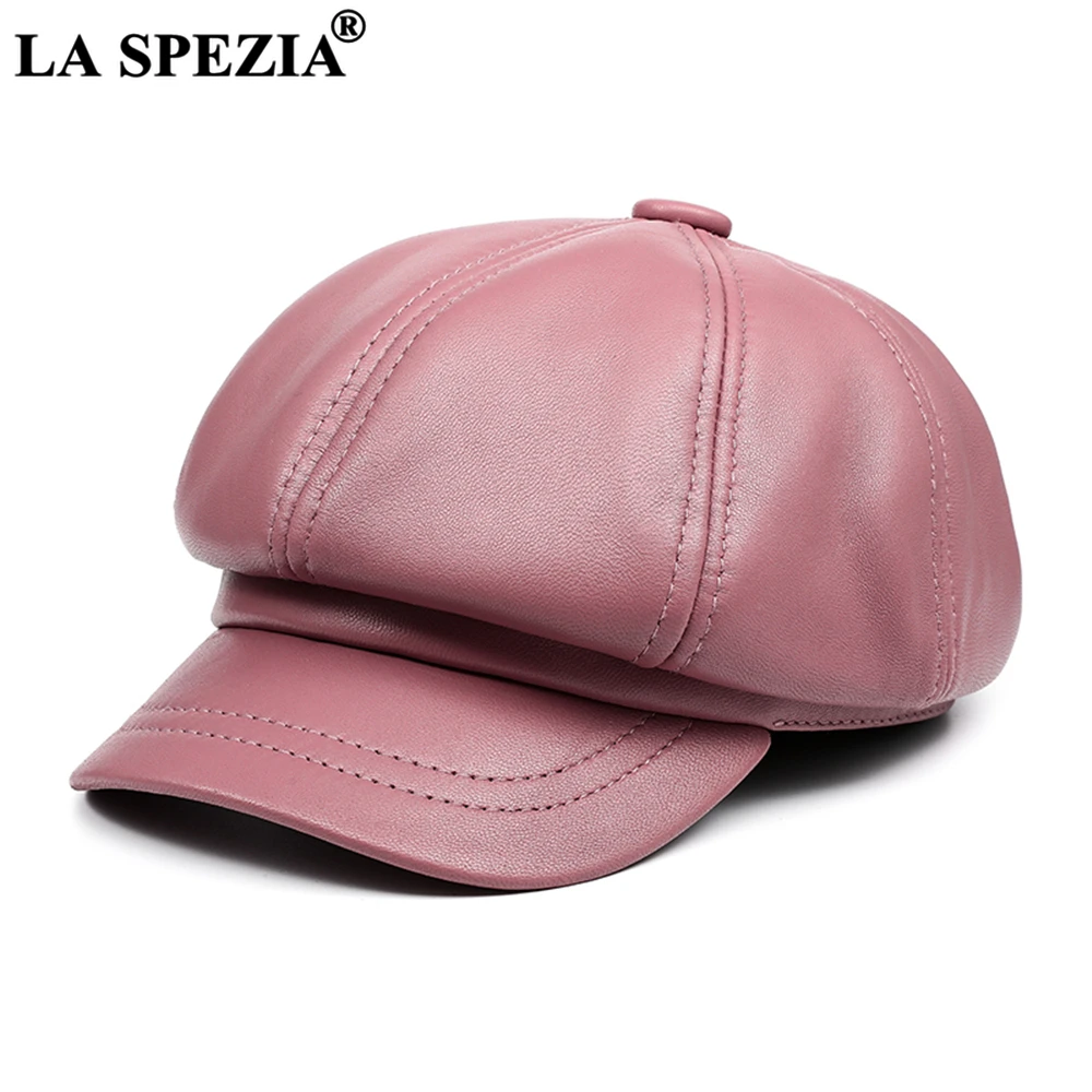 Real Leather Newsboy Cap Women Solid Baker Boy Cap Red Black Blue Pink Vintage Brand Ladies Winter Octagonal LA SPEZIA cotton newsboy cap