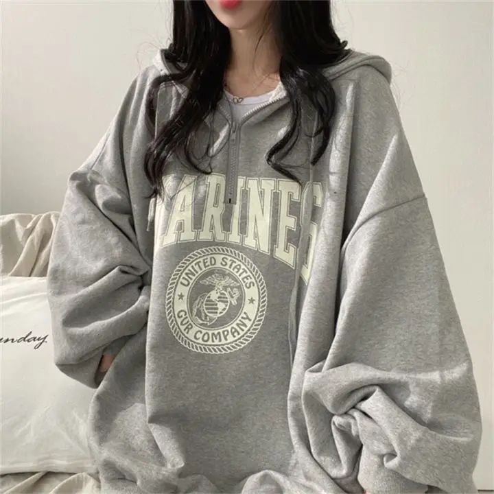 Sudadera holgada con capucha y estampado de marines para mujer - true deals club