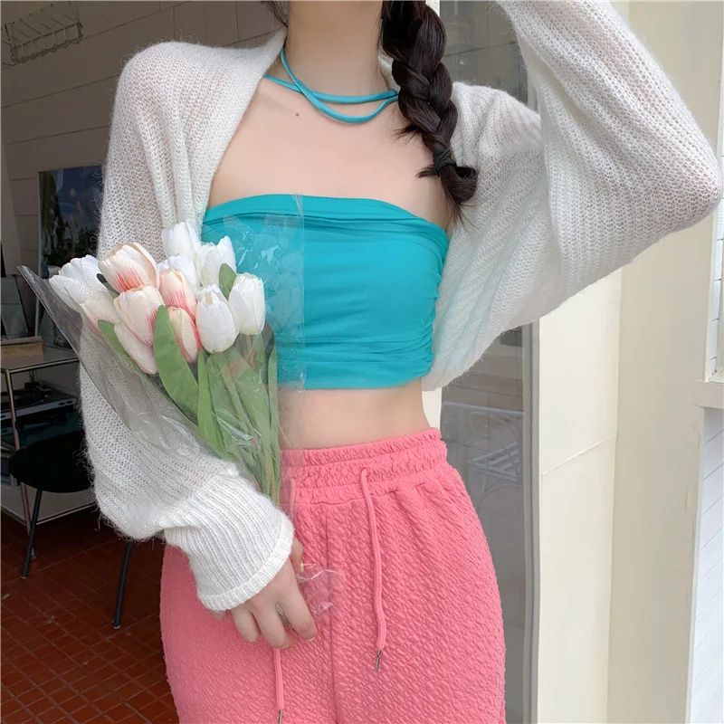 Combhasaki Women's Summer Open Front Bolero Shrug Long Sleeve Solid Color Sun Protection Transparent Knitted Cropped Cardigans