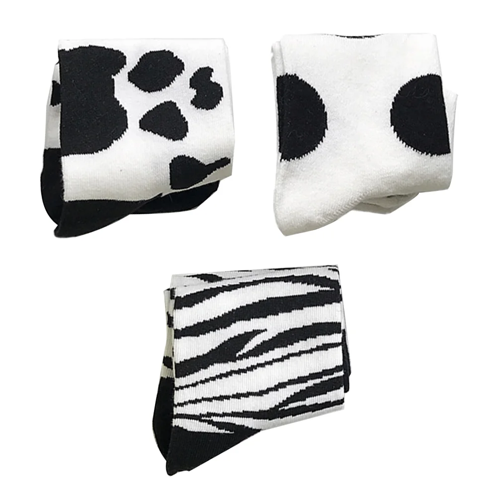 

3 Pairs Cotton Socks Cartoon Zebra Pattern Socks Cow Printed Medium Length Sock Running Stocking Novelty Pile Sock for Teens