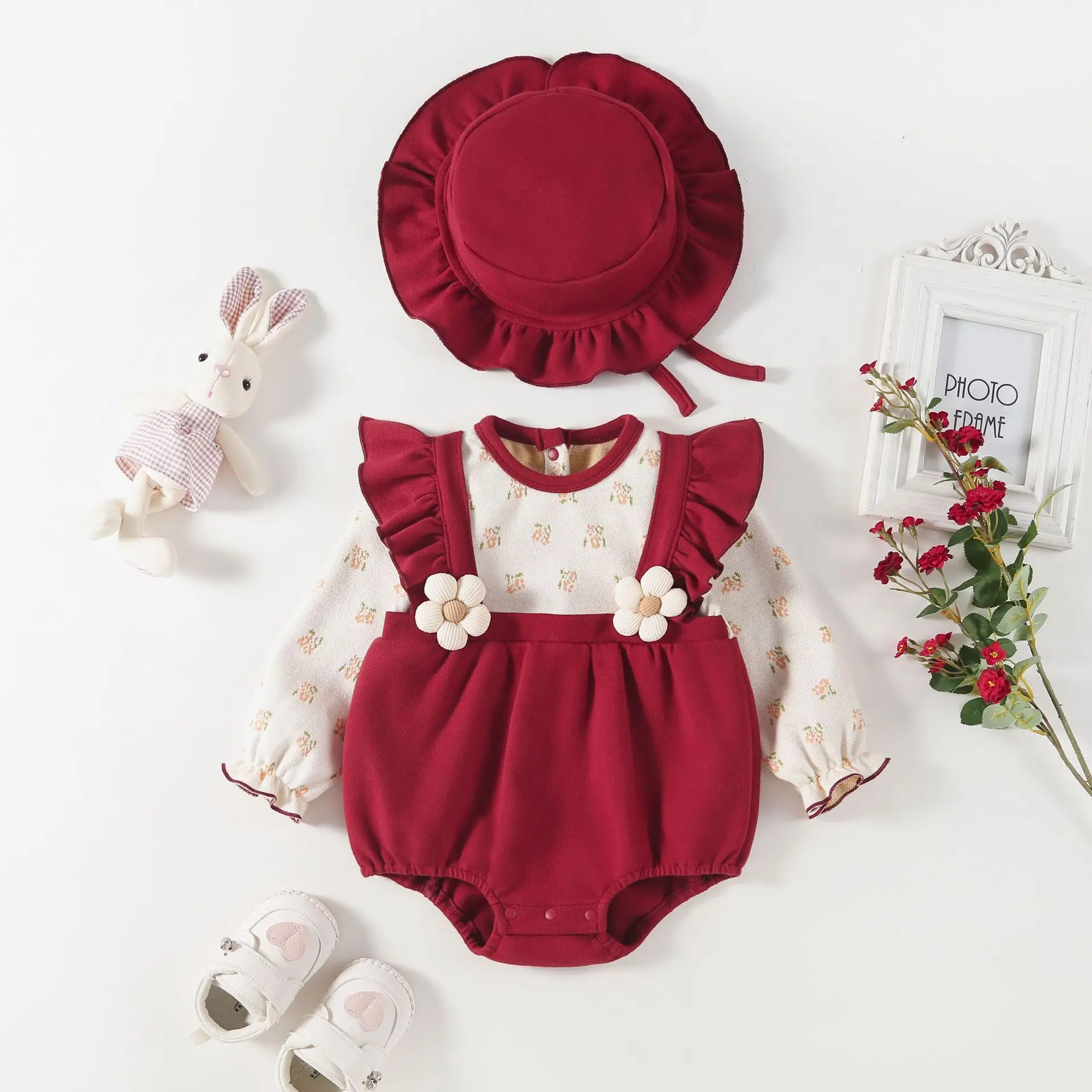 red-autumn-and-winter-baby-jumpsuit-baby's-birthday-clothes-full-moon-and-one-year-old-triangle-jumpsuit-crawling-clothes