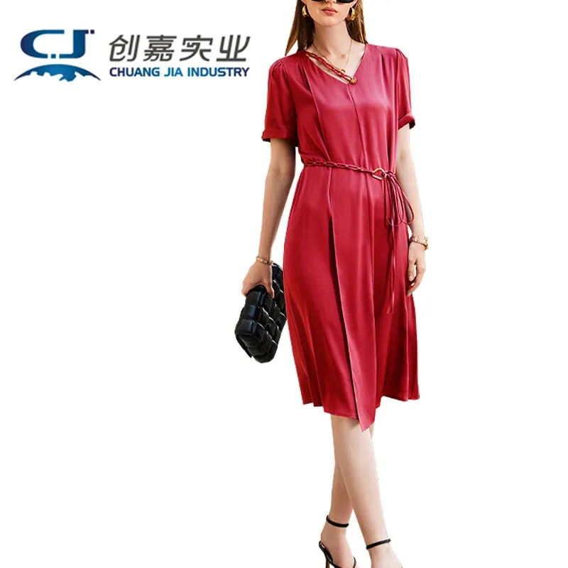

High-end Silk Spring and Summer Women's Dress Temperament V-neck Short-sleeved Mulberry Silk High-waisted Holiday A-line Skirt
