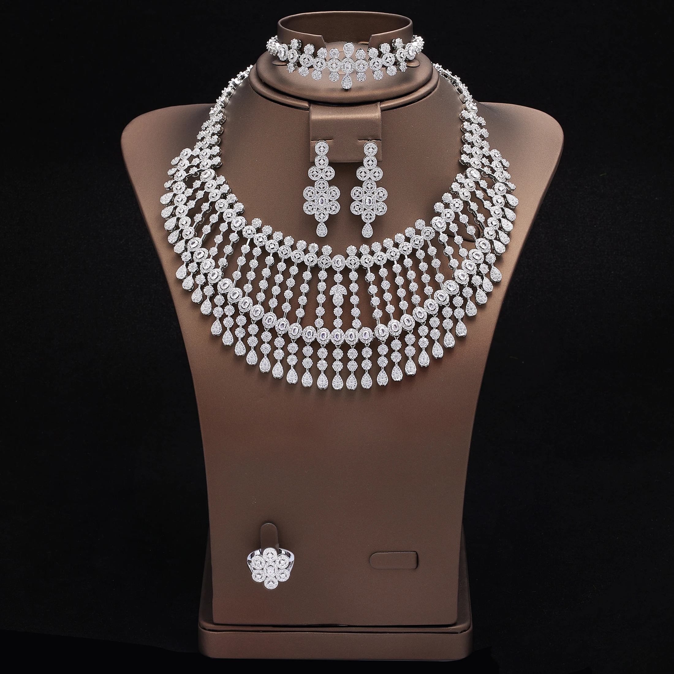 

4 Pcs Super Luxury Cubic Zirconia Bridal Wedding Party Costume Nigerian Dubai Jewelry Set for Brides Accessories