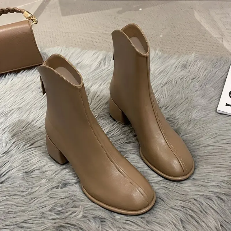 2024 Luxury Brand Women Beige Block High Heels Ankle Winter Female Square Toe Chelsea High Quality Ladies Short Boots New Shoes