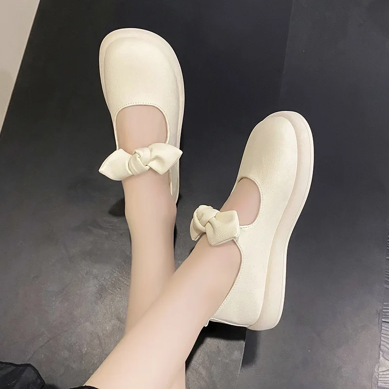 Mary Jane Shoes Women's  Summer New French Niche Design with A Soft Sole Round Toe Bow and Shallow Cut Single Shoe