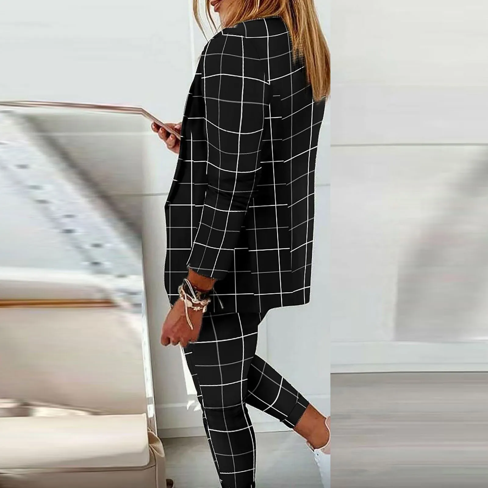 Women's Pant Suit Plaid Long-sleeved Fashion Jacket Casual, 48% OFF