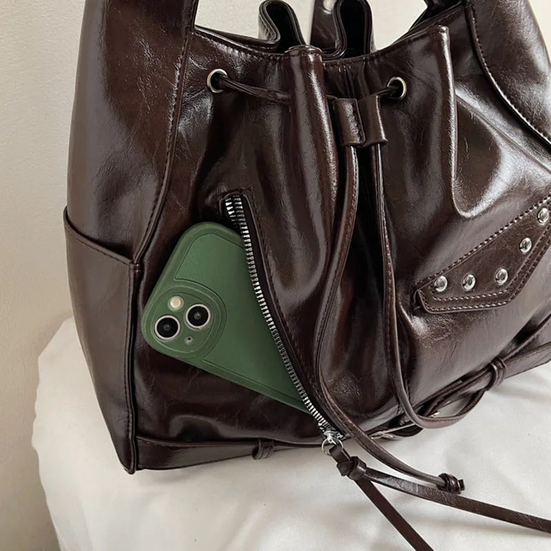 New Korean Version Women'S Drawstring Large Capacity Bucket Bag Autumn And Winter Tote Bag Casual Shoulder Bag Crossbody Bag