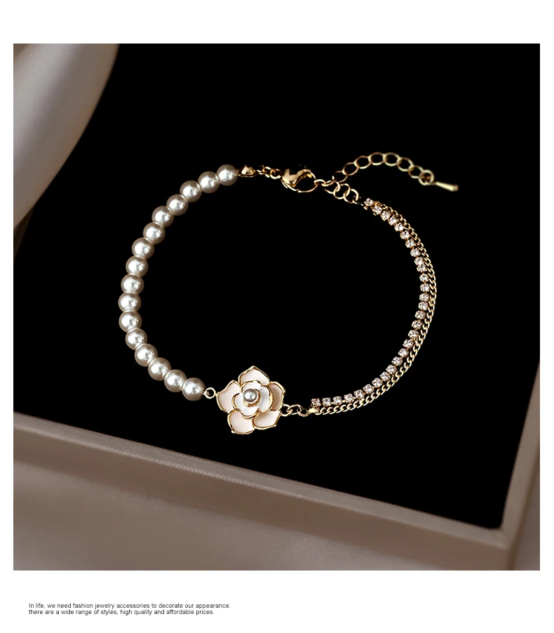Französische elegante weiße Emaille Kamelie Blume Perle Kette Charm Armbänder für 2024 Damen süße Accessoires Mädchen Handgelenk Schmuck – Detail 3