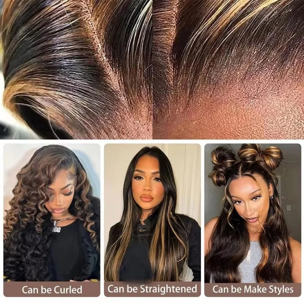 1B/30 Highlight Lace Front Wig Real Human Hair HD Transparent Lace Pre Plucked Natural Hairline Body Wave Virgin Remy Bleached Knots Glueless Design 16-38 Inch Ombre Colored Wig For Black Women Daily & Party Styling